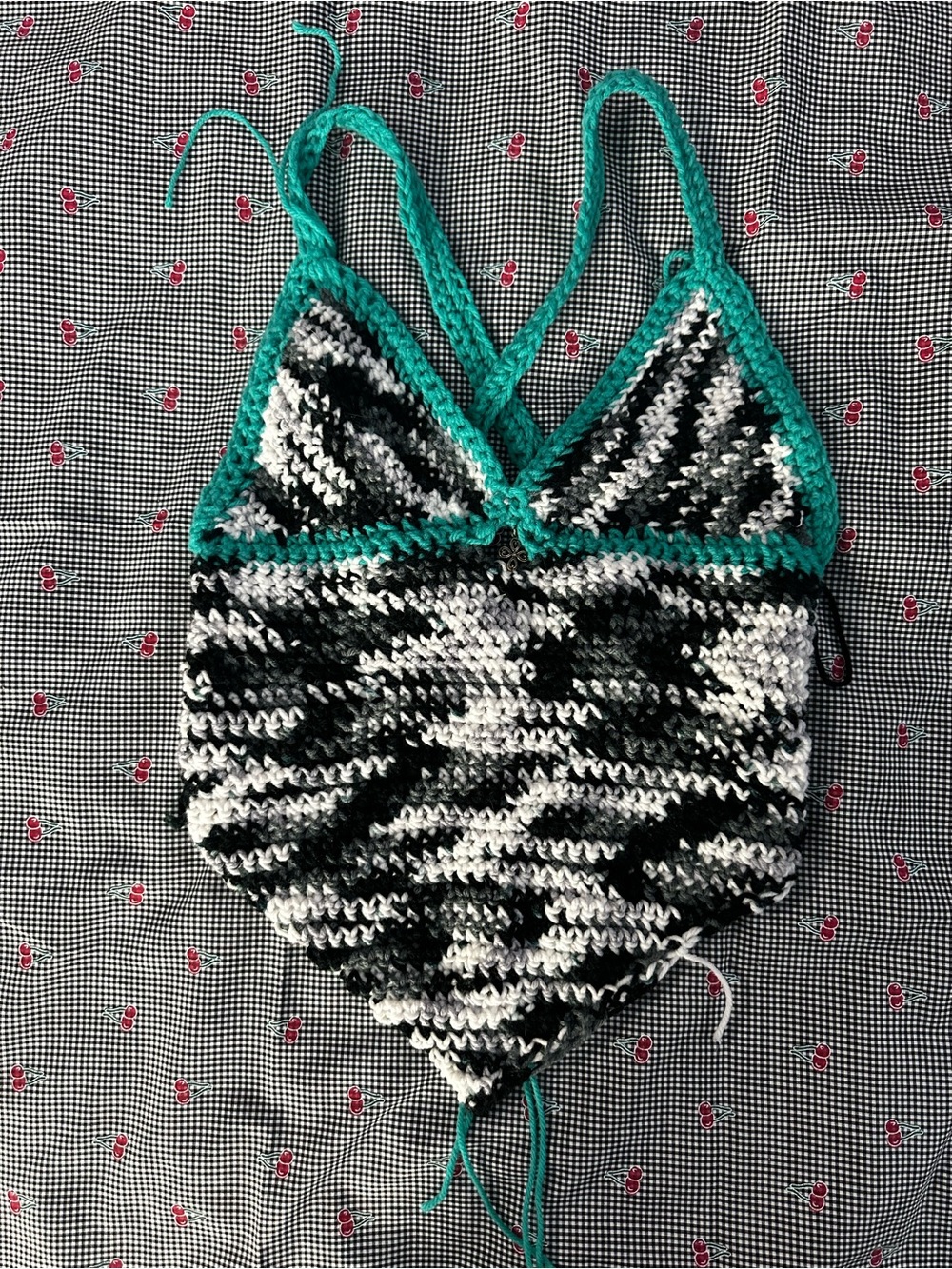 Handmade Black & White Crochet Tank Top with Teal Trim